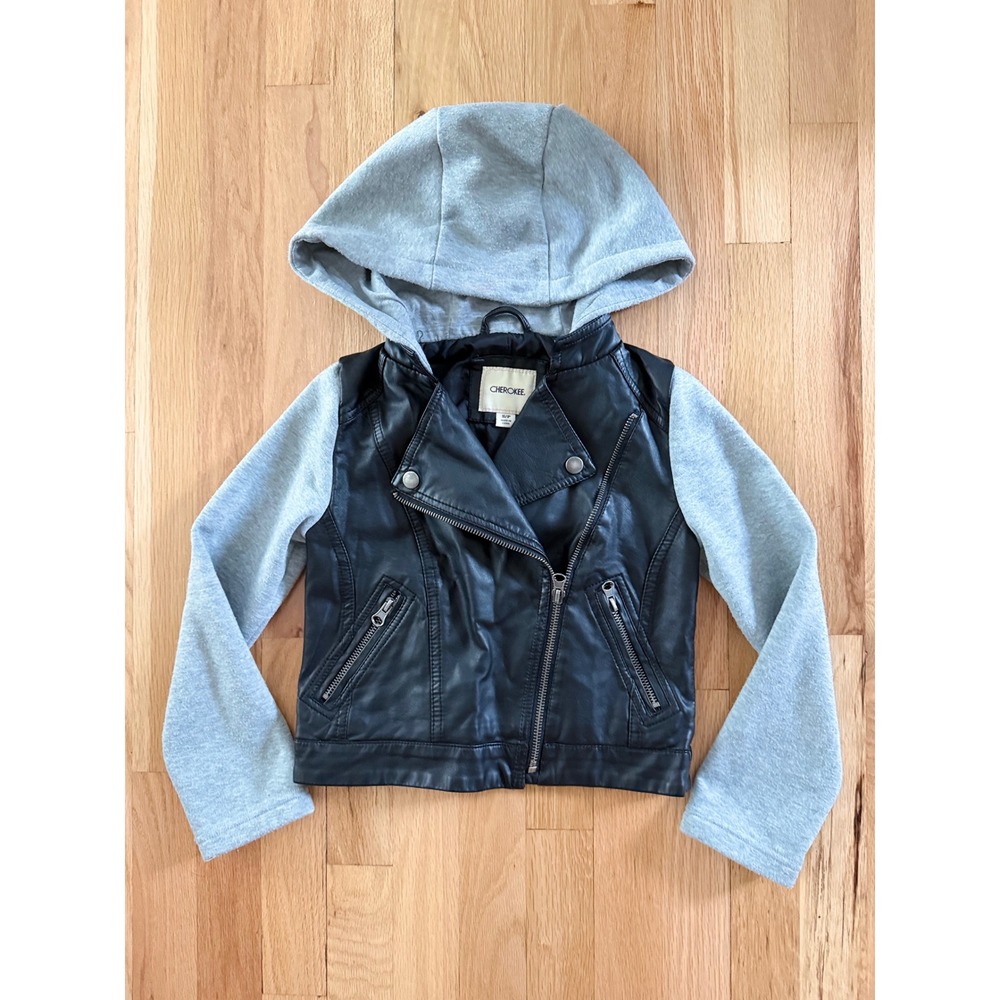 Cherokee Kids Black Faux Leather Moto Jacket Gray Hooded Mixed Media Size S